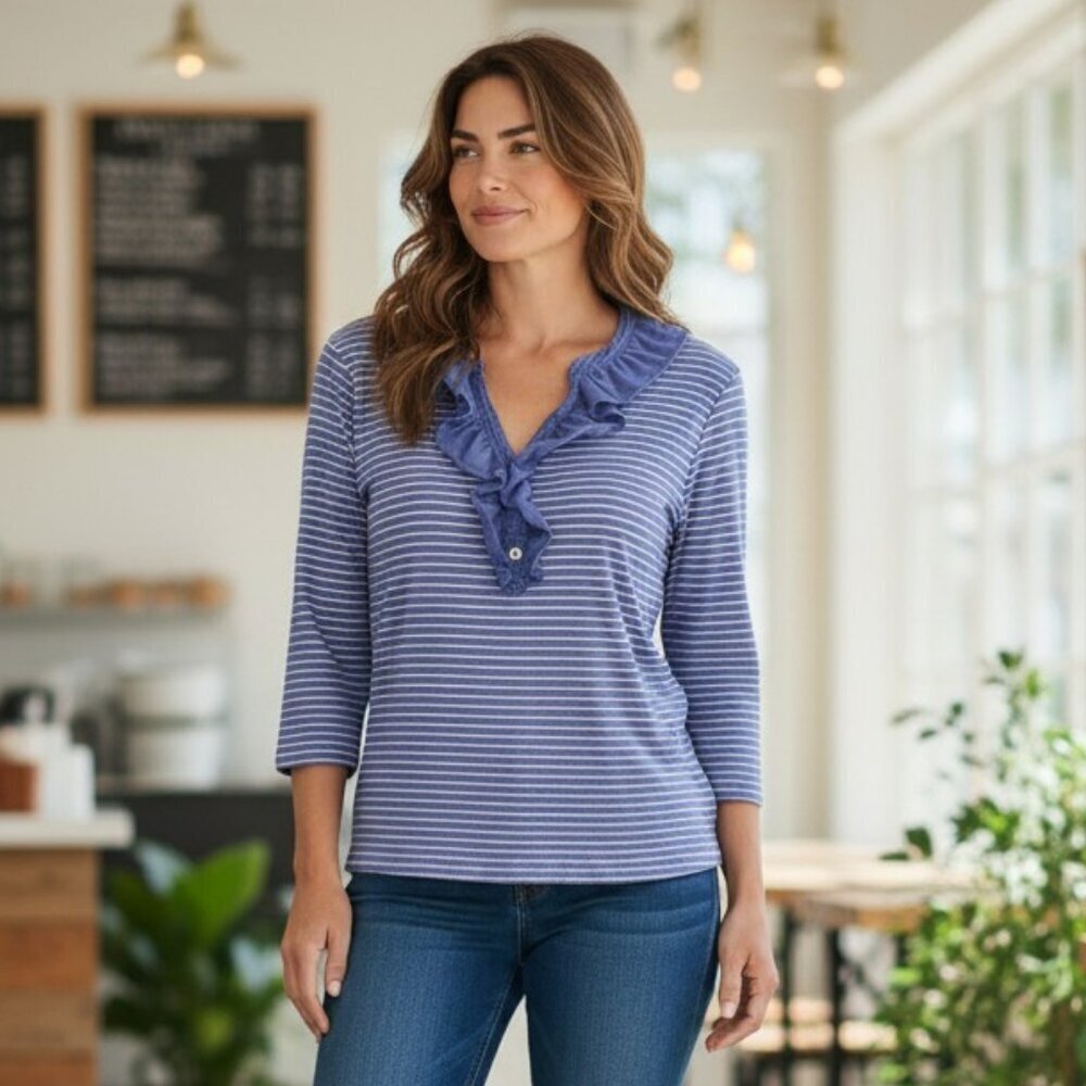 Lauren Ralph Lauren Ruffled Henley Shirt Medium Blue White Waffle Knit Top Y2K
